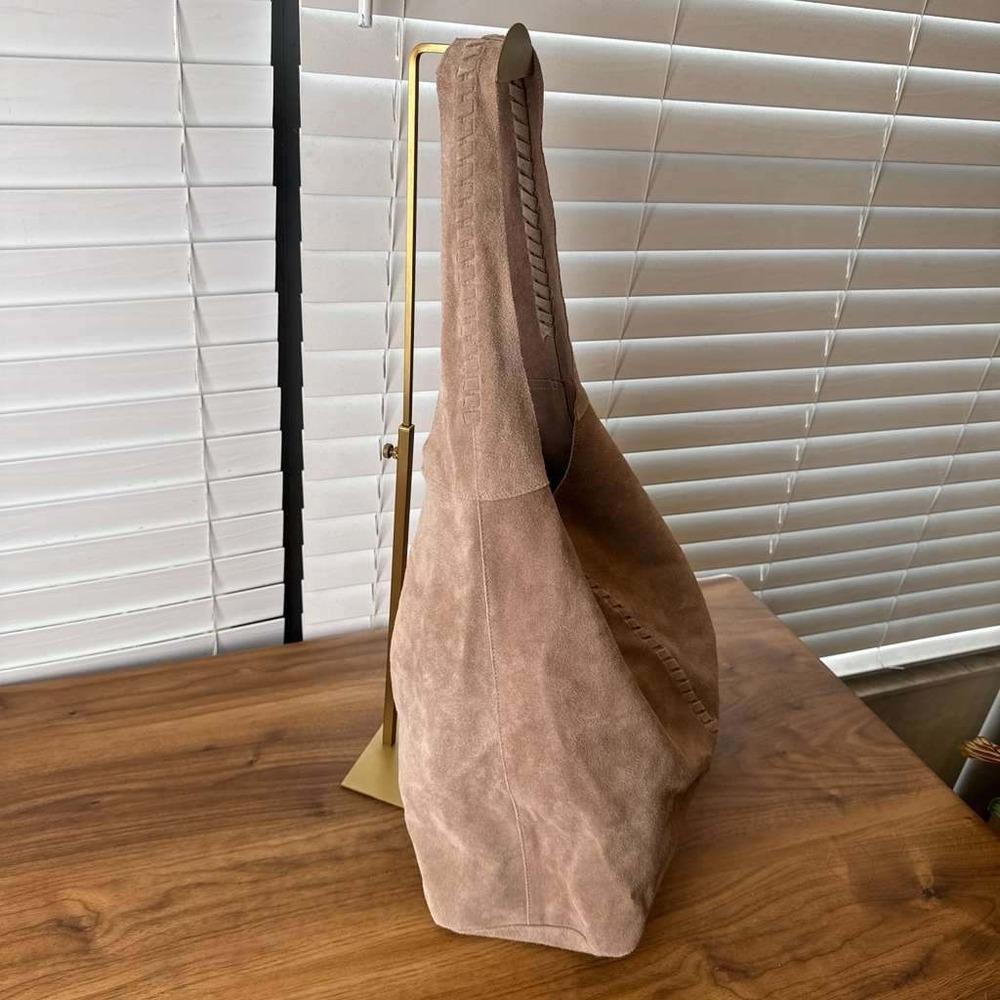 Haute Hippie Tan Suede Boho Slouchy Hobo Shoulder Bag Handbag Whipstitch Detail - Picture 9 of 16